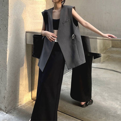 2026 Summer New Design Collarless Vest Suit for Women, Korean Style Loose Mid-Length Sleeveless Jacket