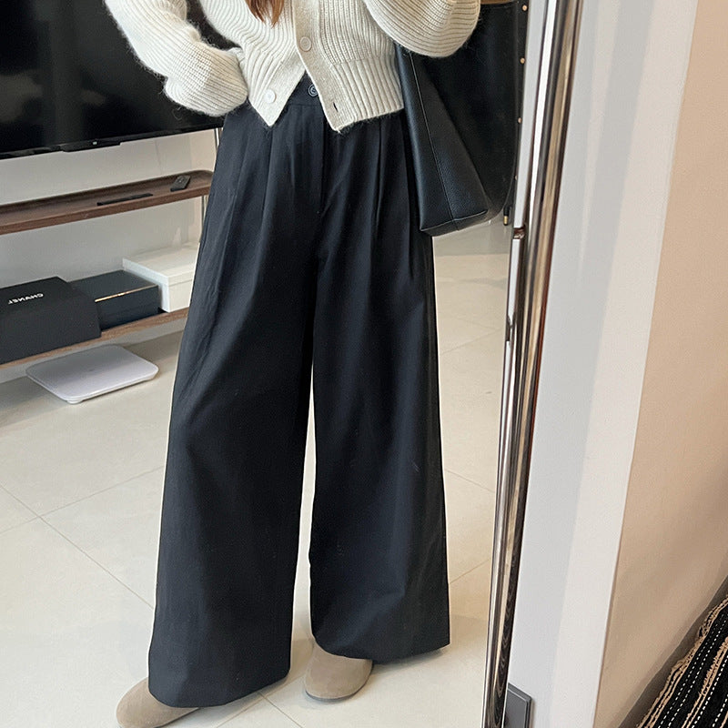 Sanding Thickened Flangable Wide Leg Pants Women's Autumn and Winter Washed Cotton Casual Pants Loose Lazy Slimming Wide Leg Pants