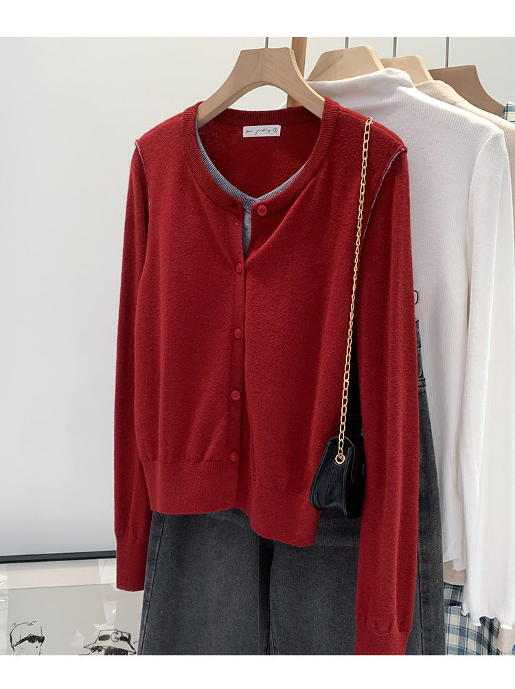 Beautiful V-neck Fake Two-piece Sleeve Knitted Cardigan Jacket Women's 2024 Autumn and Winter Western Style Unique Chic Slim Small Top