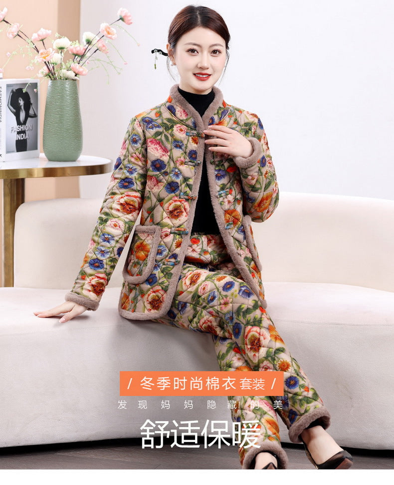 Chinese Style Mother's Winter New fleece-lined Thickened Cotton-padded Coat suit Middle-aged Women's Cotton-padded Clothes Cotton Pants Warm Two-piece Set