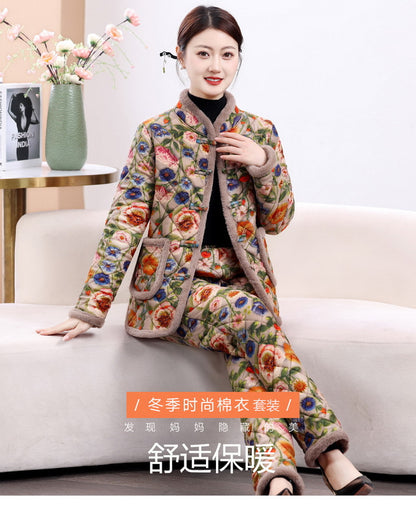 Chinese Style Mother's Winter New fleece-lined Thickened Cotton-padded Coat suit Middle-aged Women's Cotton-padded Clothes Cotton Pants Warm Two-piece Set
