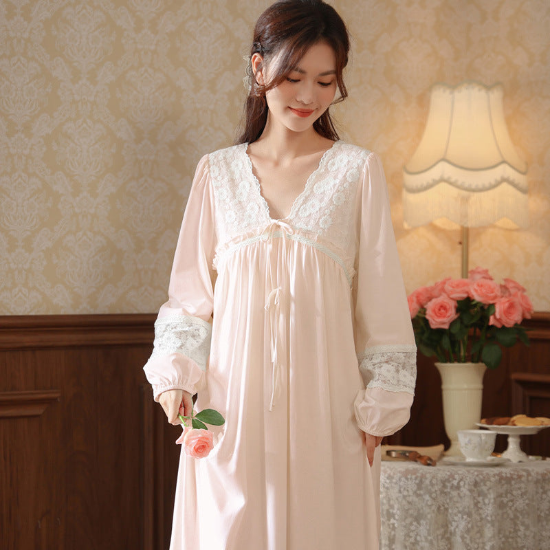 Women's long-sleeved nightdress spring cotton court style French lace princess temperament long pajamas can be worn outside home wear autumn and winter