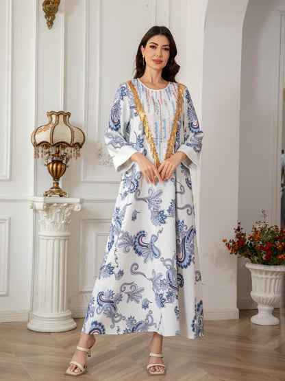 Sw0821 Amazon Women's Printed Robe Evening Dress European and American Cross-Border Dress Wholesale Long