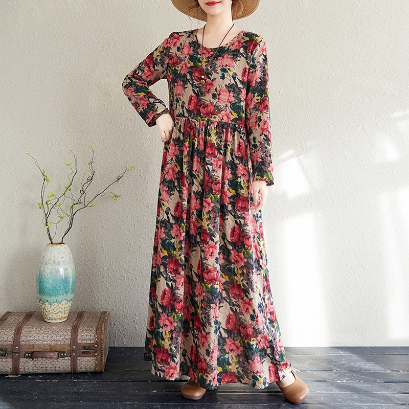 2025 Early Spring New Style Color Holiday Style Travel Crewneck Long Sleeve Retro Long Dress Women's Mat Covering Cotton and Linen dress