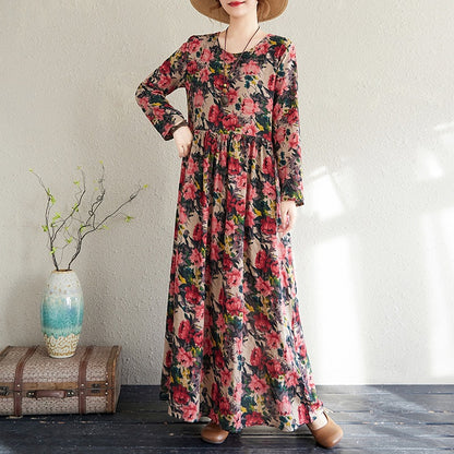 2025 Early Spring New Style Color Holiday Style Travel Crewneck Long Sleeve Retro Long Dress Women's Mat Covering Cotton and Linen dress