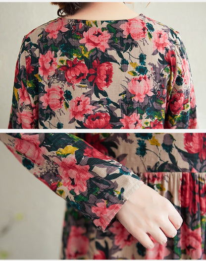2025 Early Spring New Style Color Holiday Style Travel Crewneck Long Sleeve Retro Long Dress Women's Mat Covering Cotton and Linen dress