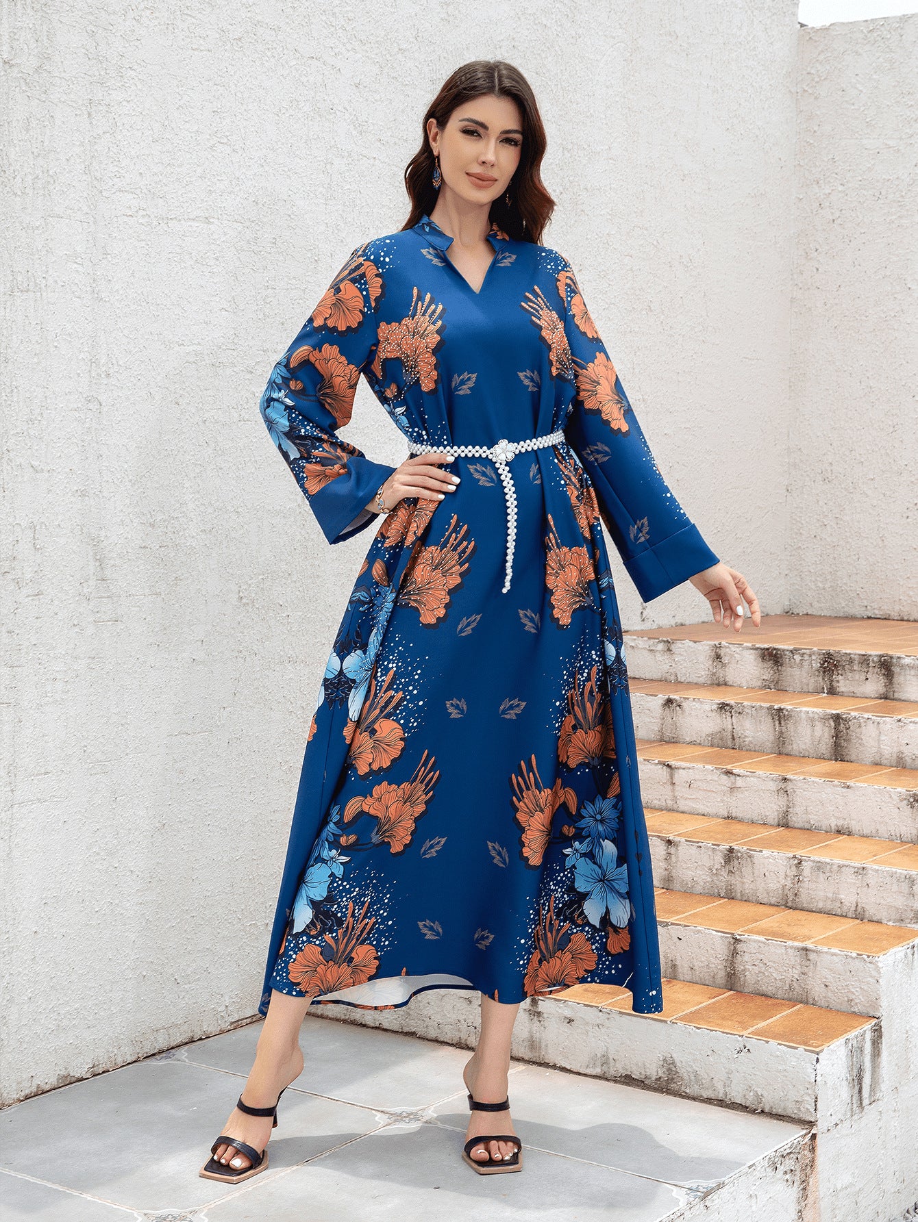 Sw0839 Middle Eastern Cross-Border Muslim Ladies Robe Printed Accessible Luxury Pearl Belt Jumabiya Dress