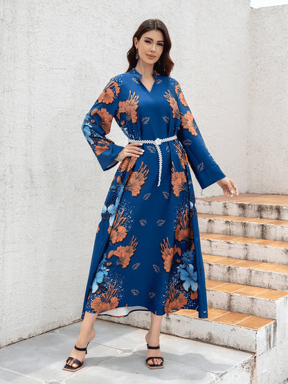 Sw0839 Middle Eastern Cross-Border Muslim Ladies Robe Printed Accessible Luxury Pearl Belt Jumabiya Dress