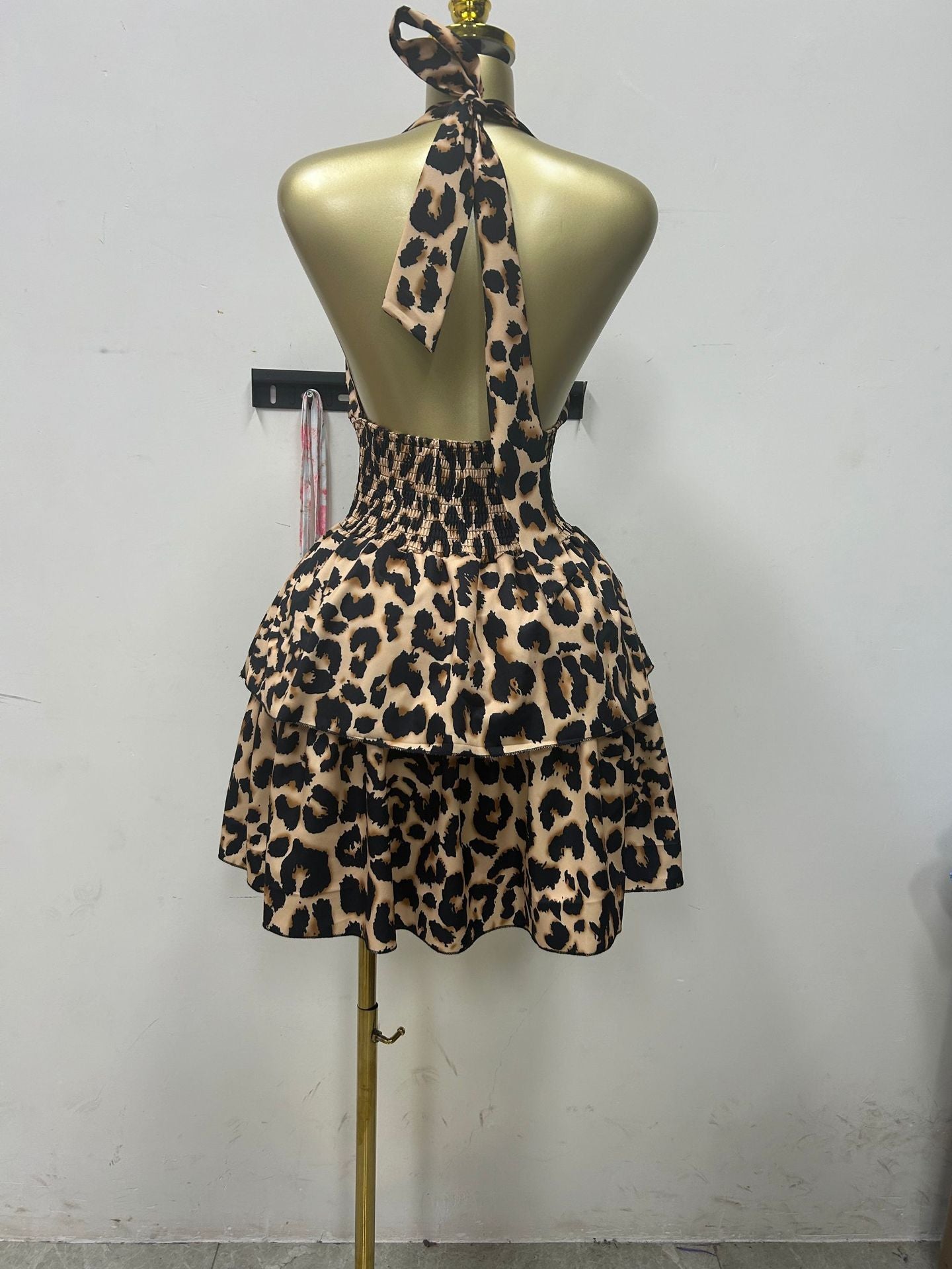 CM.YAYA Women Leopard Print Halter Neck Backless Cascading Ruffles Big Swing Ball Gown Mini Dress 2025 Sexy Club Party Dresses
