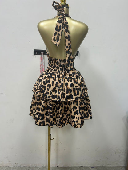 CM.YAYA Women Leopard Print Halter Neck Backless Cascading Ruffles Big Swing Ball Gown Mini Dress 2025 Sexy Club Party Dresses