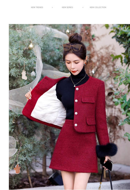 2024 Winter New Style Liner White Duck Down Jacket Real Hair Chanel Style suit Women's Light Luxury Socialite Skirt Two-piece Set