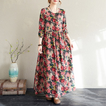 2025 Early Spring New Style Color Holiday Style Travel Crewneck Long Sleeve Retro Long Dress Women's Mat Covering Cotton and Linen dress
