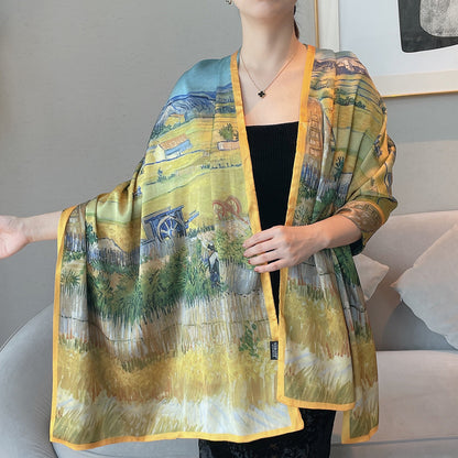 Van Gogh Monet oil painting double-sided double-layer silk scarf women's long 180x70 new silk satin popular fashion scarf shawl New
