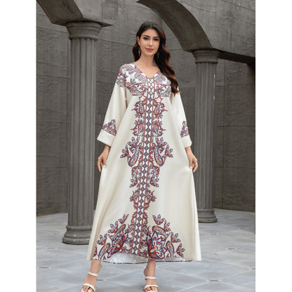 Sw0826 Middle East Cross-Border Muslim Women's Robe Elegant Printed Beaded Dress Dubai Export Abaya
