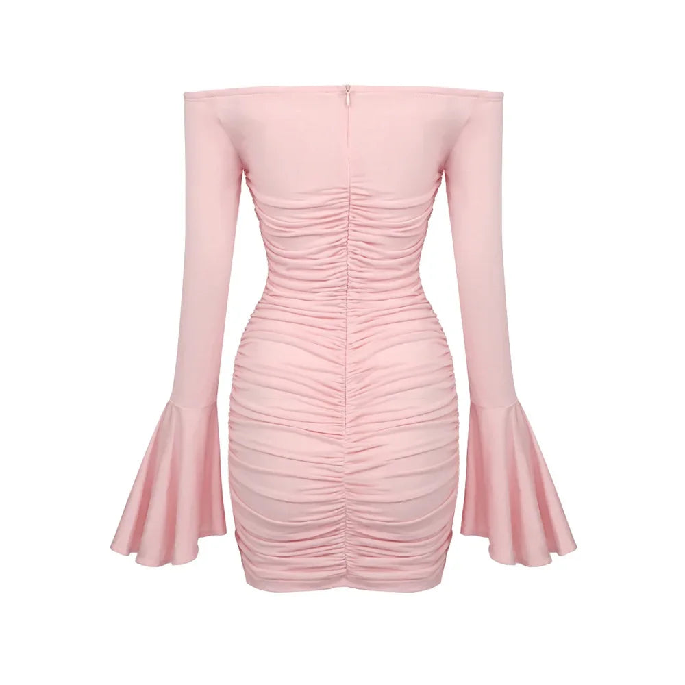 In Stock | European and American Cross-Border Spring and Summer Pink Floral Ruched Long-Sleeve Dress Women's Fitted Short Dress