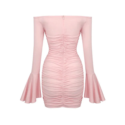 In Stock | European and American Cross-Border Spring and Summer Pink Floral Ruched Long-Sleeve Dress Women's Fitted Short Dress