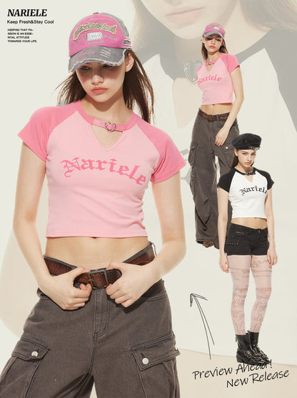 HeyHenry European and American Spice Girls Fashion Hollow Design Letter Print Contrast Color Short-sleeved T-shirt Women's Navel Top