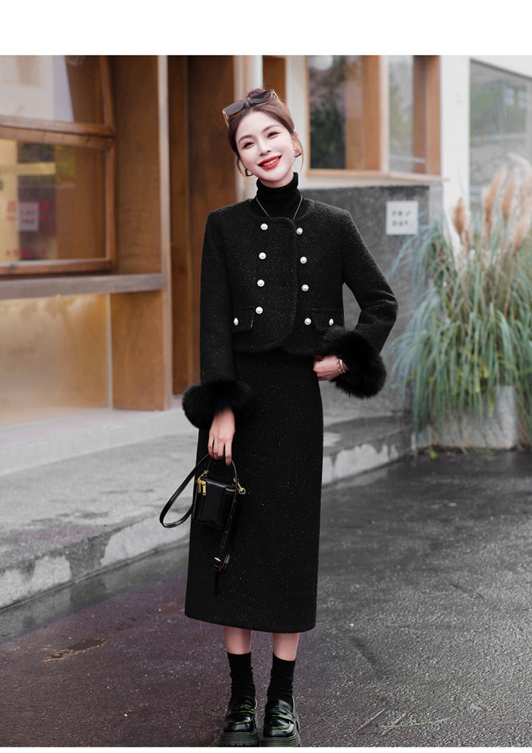 2024 Winter New Style Liner White Duck Down Jacket Real Hair Chanel Style suit Women's Light Luxury Socialite Skirt Two-piece Set