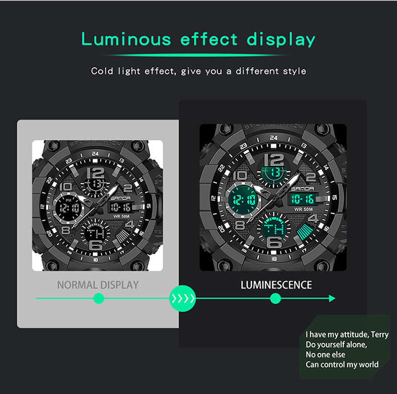 Sanda Hot-Selling Watch Korean Version Student Party Multi-Functional Waterproof Alarm Clock Electronic Watch Cool Dual Display Luminous Sports Watch