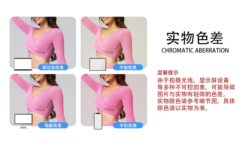 Feiyue European and American Sexy Cross Deep V Short Leaky Waist Solid Color Fitness Sports Leisure Long Sleeve Yoga Clothes Top for Women
