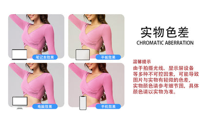 Feiyue European and American Sexy Cross Deep V Short Leaky Waist Solid Color Fitness Sports Leisure Long Sleeve Yoga Clothes Top for Women