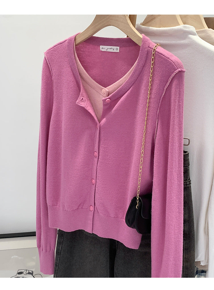 Beautiful V-neck Fake Two-piece Sleeve Knitted Cardigan Jacket Women's 2024 Autumn and Winter Western Style Unique Chic Slim Small Top