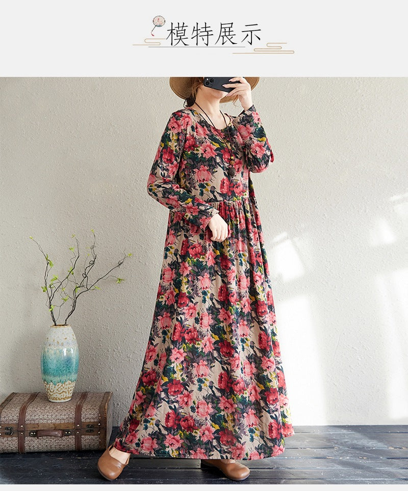 2025 Early Spring New Style Color Holiday Style Travel Crewneck Long Sleeve Retro Long Dress Women's Mat Covering Cotton and Linen dress