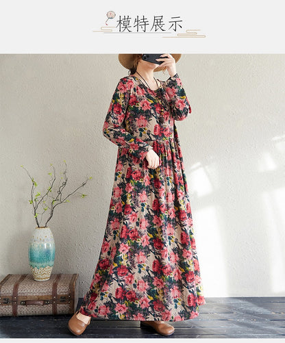 2025 Early Spring New Style Color Holiday Style Travel Crewneck Long Sleeve Retro Long Dress Women's Mat Covering Cotton and Linen dress