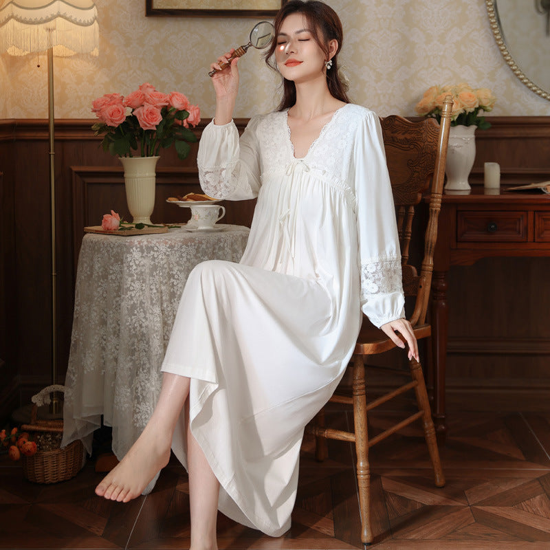 Women's long-sleeved nightdress spring cotton court style French lace princess temperament long pajamas can be worn outside home wear autumn and winter