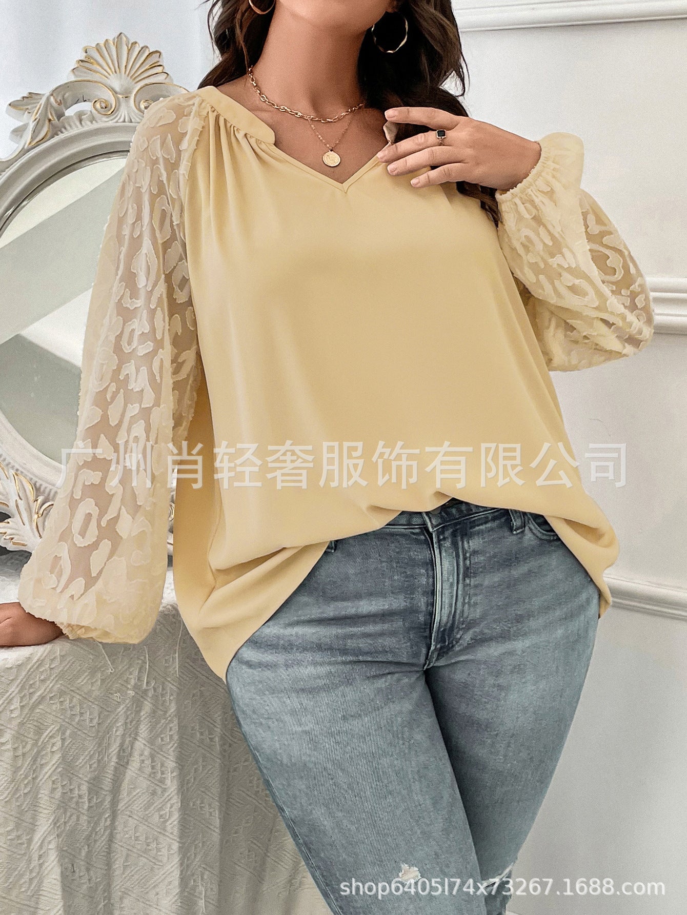 European and American Cross-border V-neck Stitching Lace Loose Women's Shirt Top
