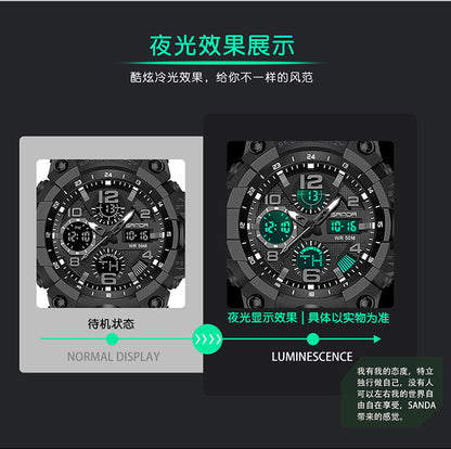 Sanda Hot-Selling Watch Korean Version Student Party Multi-Functional Waterproof Alarm Clock Electronic Watch Cool Dual Display Luminous Sports Watch
