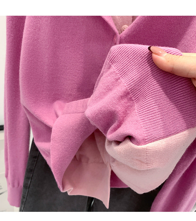 Beautiful V-neck Fake Two-piece Sleeve Knitted Cardigan Jacket Women's 2024 Autumn and Winter Western Style Unique Chic Slim Small Top