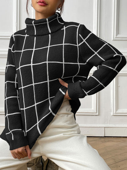 Contrast Color Mesh Woven Shirt Women's Pullover Top Cross-border European and American Women's Fashion Base Shirt Turtleneck Sweater