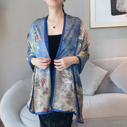 Van Gogh Monet oil painting double-sided double-layer silk scarf women's long 180x70 new silk satin popular fashion scarf shawl New