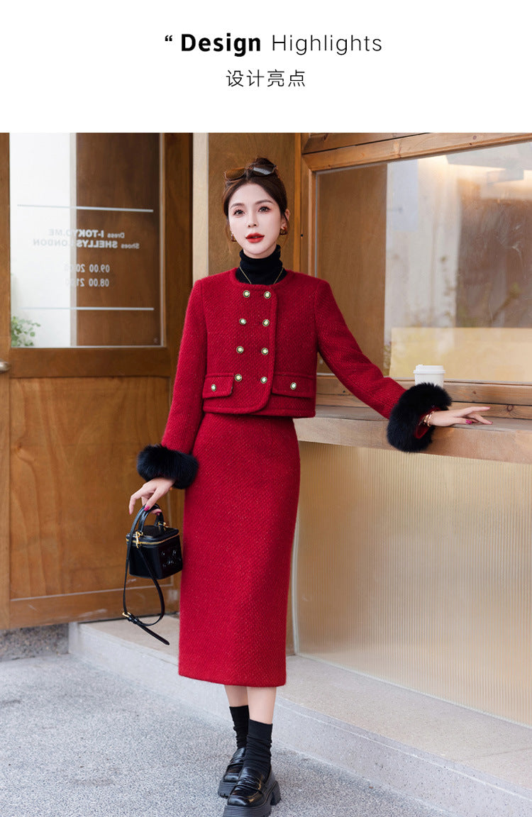 2024 Winter New Style Liner White Duck Down Jacket Real Hair Chanel Style suit Women's Light Luxury Socialite Skirt Two-piece Set