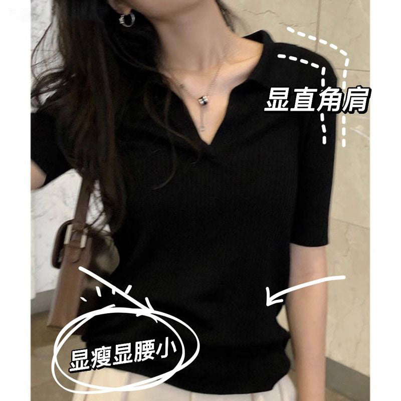 Cotton Polo Collar Short-Sleeved Summer New High-End Slim-Fitting Small Chic Collarbone Sweet Hottie Tops for Women Trendy