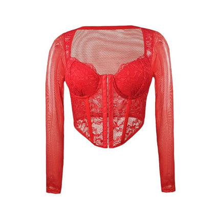 European and American Style Sexy Lace Mesh Square Collar Long-Sleeved T-Shirt Women's Hot Girl Stretch Slim-Fit Slimming Short Top