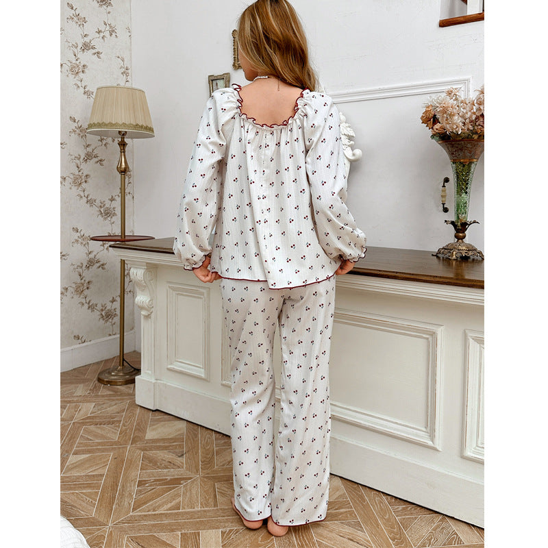 Cross-Border Sweet Cherry Blossom Pajamas Women's Set Spring and Autumn New European and American Style Floral Round Neck Long-Sleeved Long Pants Loungewear