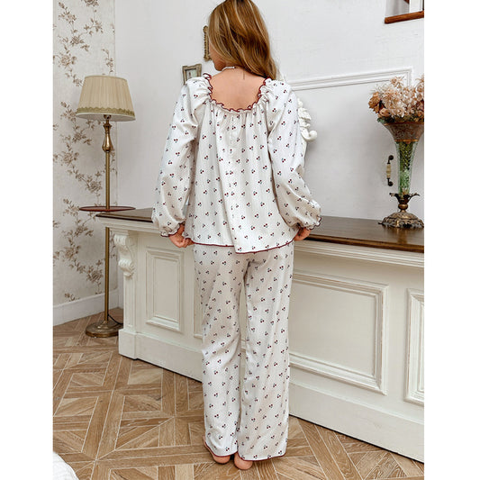 Cross-Border Sweet Cherry Blossom Pajamas Women's Set Spring and Autumn New European and American Style Floral Round Neck Long-Sleeved Long Pants Loungewear