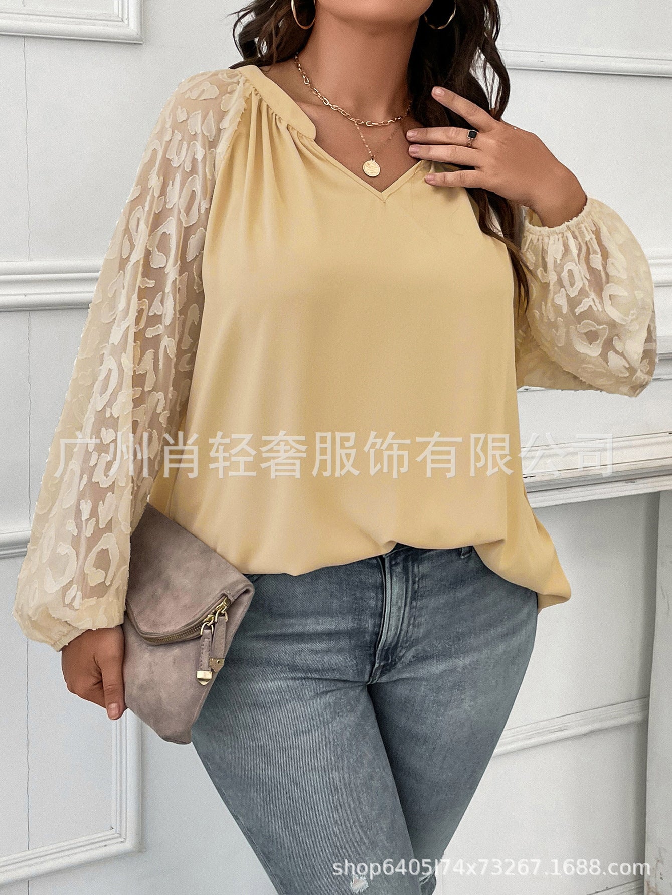 European and American Cross-border V-neck Stitching Lace Loose Women's Shirt Top