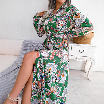2026 Spring/Summer European and American Retro Floral Lapel Tie Shirt Dress Long Dress Amazon Cross-Border Women's Clothing