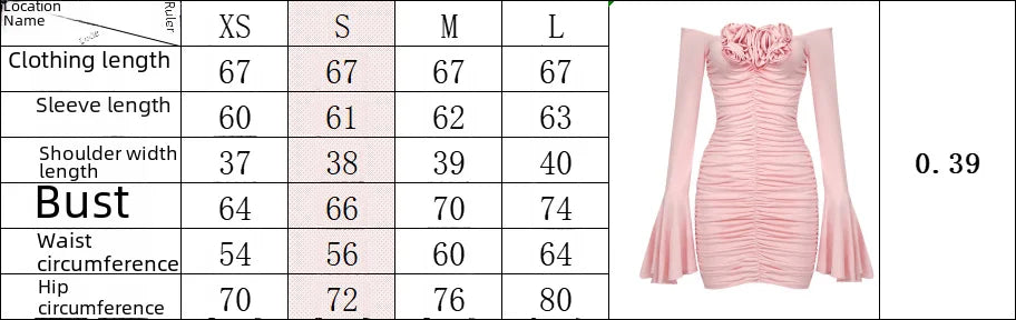 In Stock | European and American Cross-Border Spring and Summer Pink Floral Ruched Long-Sleeve Dress Women's Fitted Short Dress