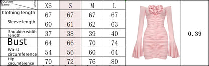In Stock | European and American Cross-Border Spring and Summer Pink Floral Ruched Long-Sleeve Dress Women's Fitted Short Dress