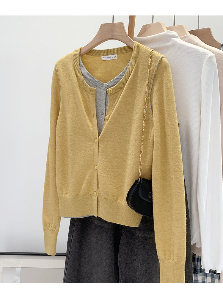 Beautiful V-neck Fake Two-piece Sleeve Knitted Cardigan Jacket Women's 2024 Autumn and Winter Western Style Unique Chic Slim Small Top