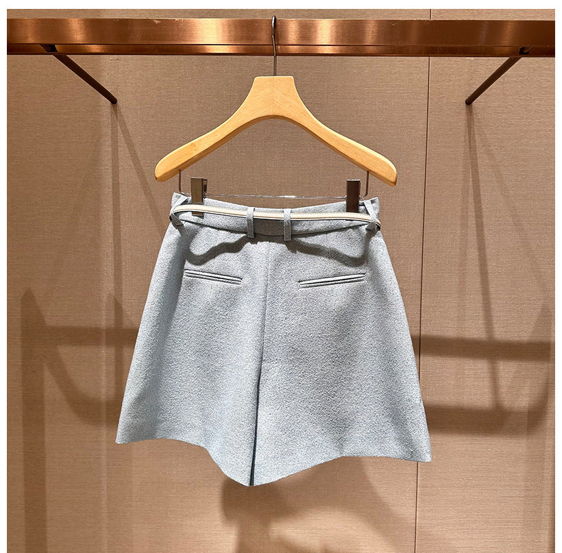 Spring Natural Waist Belt Wool Loose Slimming Wide Leg Casual Pants Shorts Women's R103503C
