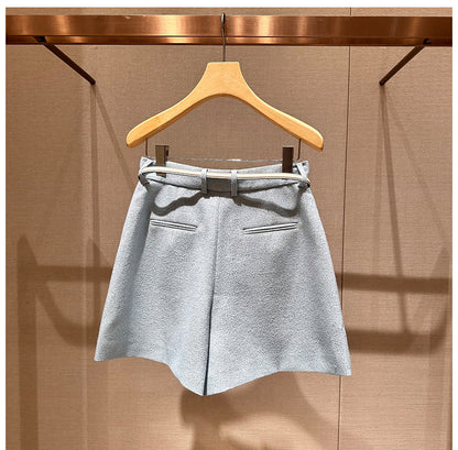 Spring Natural Waist Belt Wool Loose Slimming Wide Leg Casual Pants Shorts Women's R103503C