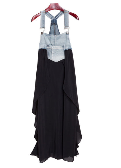 2024 Summer New Korean Style plus size Loose Fashionable Casual Denim Stitching Chiffon Strap Denim dress Women