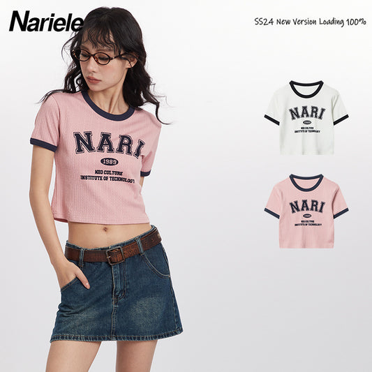 HeyHenry European and American Short-sleeved T-shirt Women's Personalized Trendy Brand Color-block Letter Printed Design Short Navel Top
