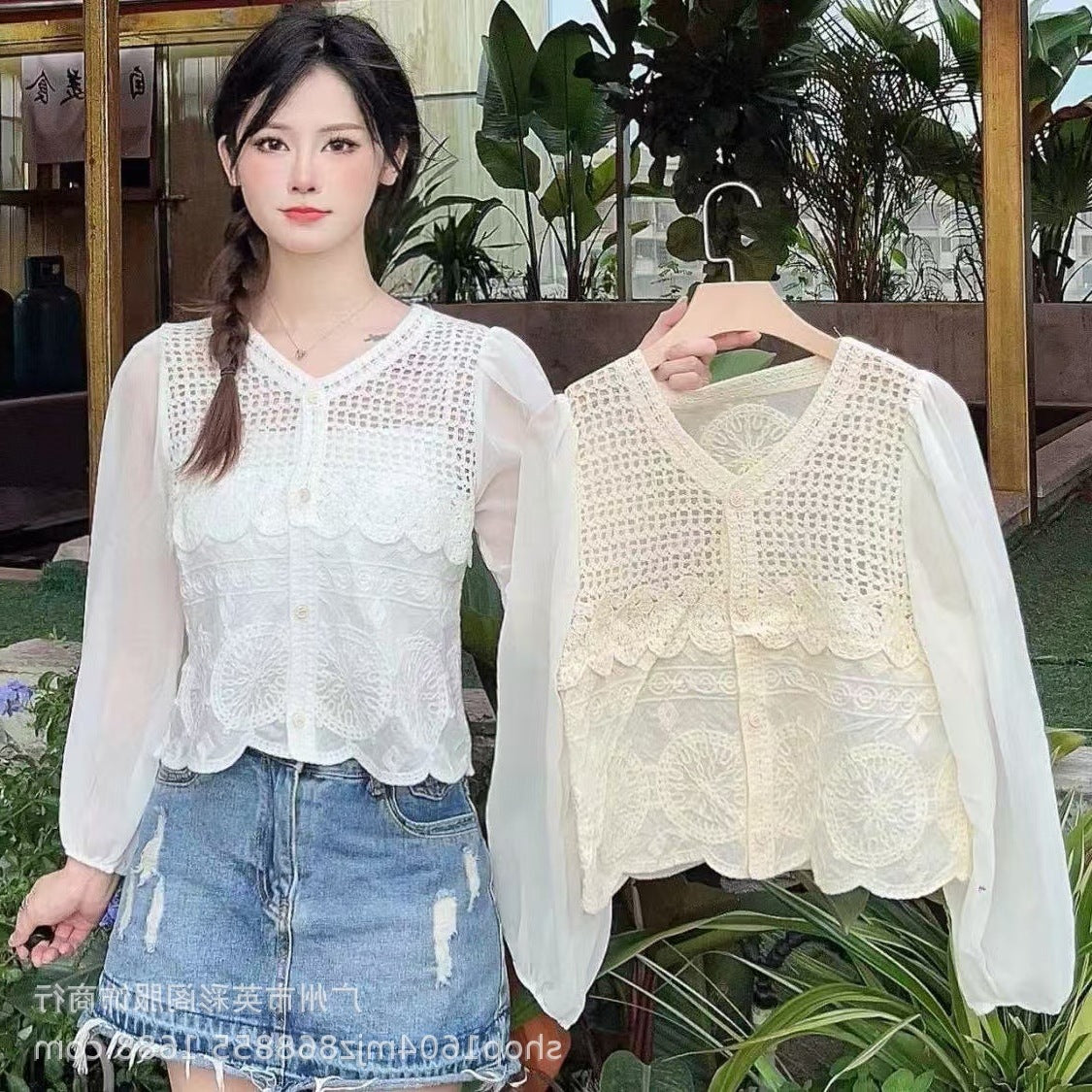 Spring and Summer All-match Sunscreen Stitching Chiffon Cardigan Long-sleeved Puff-sleeved Women's Niche Top Loose Western-style Coat