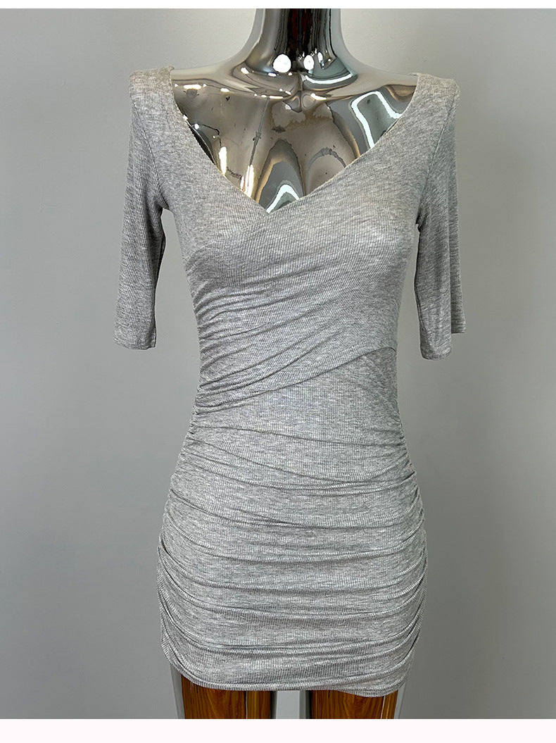 South Korea Dongdaemun New Sexy Feminine V-Neck Pleated Bag Hip Mid-Sleeve dress Figure